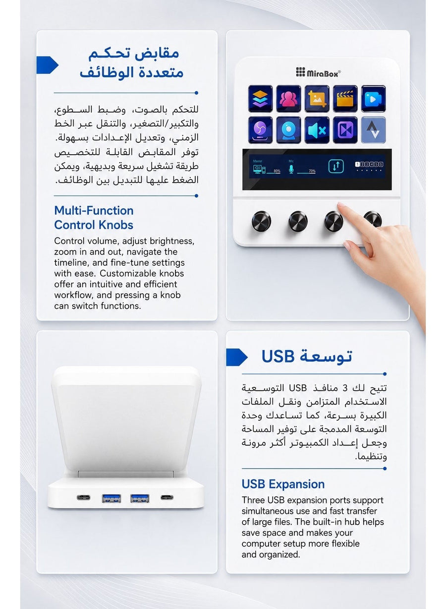 ميرا بوكس N4 وحدة تحكم للبث المباشر، 10 أزرار LCD قابلة للبرمجة، 4 مقابض تحكم دوارة، شريط لمس ذكي، موزع USB مدمج، لوحة ماكرو احترافية للألعاب والبث المباشر والتحكم بالصوت وإنشاء المحتوى، متوافقة مع ويندوز وماك, أبيض