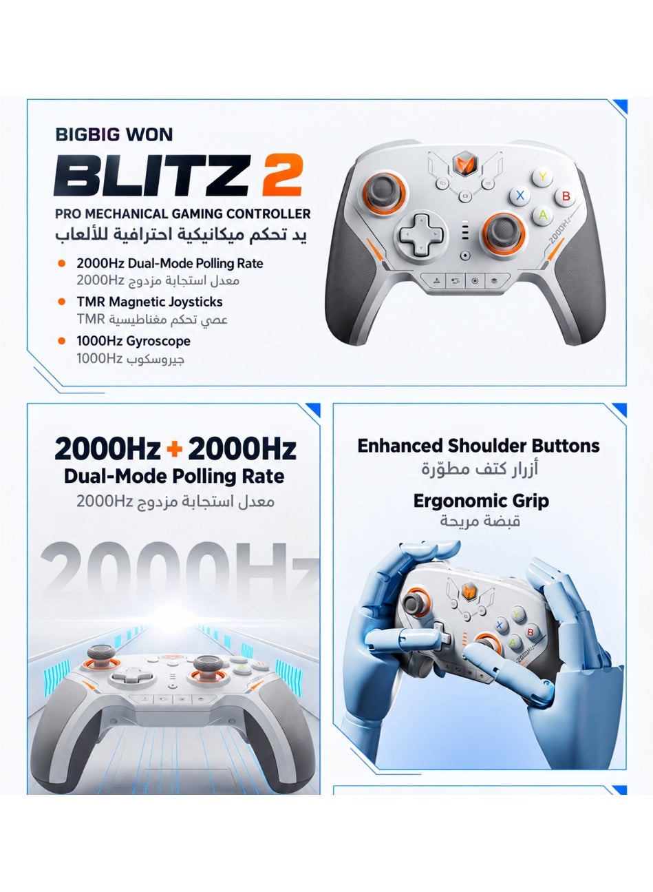 BIGBIG WON Blitz 2 Wireless Gaming Controller, TMR Magnetic Joysticks, 2000Hz Polling Rate, 1000Hz Gyroscope, 16 Mechanical Buttons, NearLink Bluetooth Wired Multi-Mode Gamepad for PC Windows Nintendo Switch Android iPhone iPad