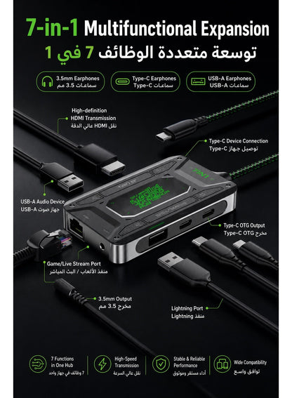 PIVA DS7 7-in-1 USB-C Docking Station & Gaming Hub – 4K@60Hz HDR Video, 100W PD Fast Charging, 32Bit/384KHz Hi-Fi Audio, Gigabit Ethernet, USB 3.1 Data Transfer for Streaming & Recording – Compatible with RedMagic, iPhone, iPad, Android & Laptops