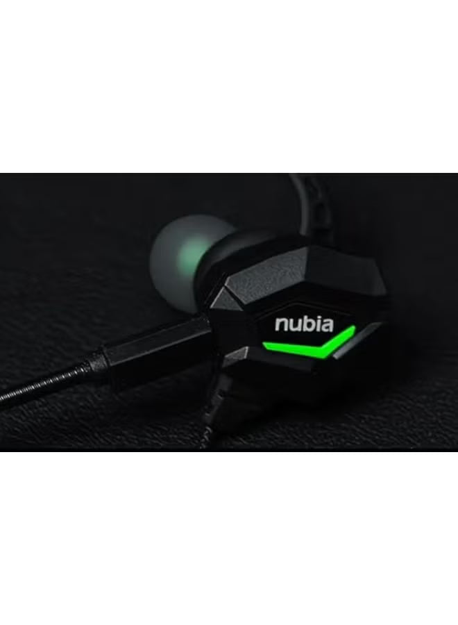 Nubia RedMagic Gaming Earphones, with In-Line Mic, Black with Green LED Accent, Wired