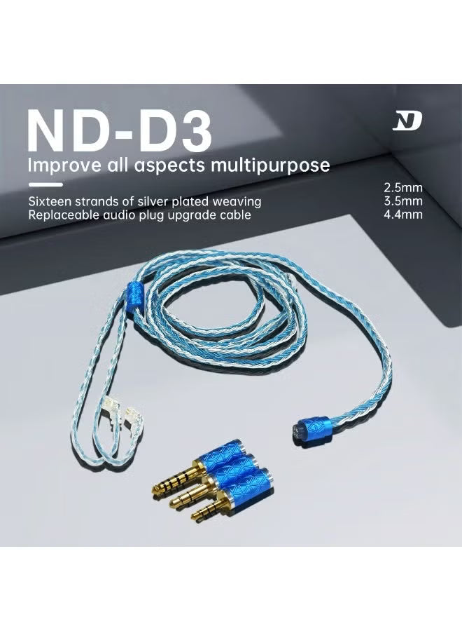 D D3 Silver-Plated Braided Earphone Upgrade Cable, Detachable Plug Replacement Cable with Interchangeable 3.5mm / 2.5mm / 4.4mm Plugs, 16-Strand 352-Core, Compatible with KZ IEMs 0.75–0.78mm