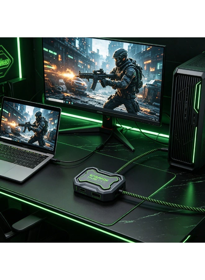 سارافوكس محطة توصيل وموزع ألعاب 5 في 1 بمنفذ تايب سي مع منافذ يو إس بي متعددة، يدعم إخراج شاشة بدقة عالية، شحن سريع، 3 منافذ يو إس بي لملحقات الألعاب ونقل بيانات عالي السرعة للبث المباشر، متوافق مع ريد ماجيك، آيفون، آيباد برو، أندرويد والأجهزة اللوحية