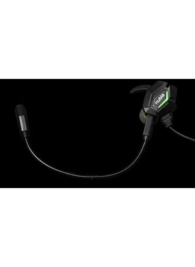 Nubia RedMagic Gaming Earphones, with In-Line Mic, Black with Green LED Accent, Wired