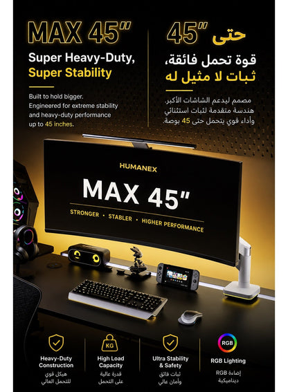 Gaming Monitor Arm & Single Monitor Stand, Heavy Duty RGB Desk Mount for 17–35″ Screens, Supports up to 18 kg, Full-Motion Tilt, Swivel & 360° Screen Rotation, Brilliance Angel Design with 20 RGB Lighting Modes, VESA 75×75 / 100×100