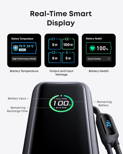 أنكر بنك طاقة للابتوب، 25000mAh شاحن محمول مع ثلاثة منافذ USB-C بقوة 100W، كابلات قابلة للسحب مدمجة، معتمد للسفر، لسلسلة iPhone 17/16 و Samsung والمزيد