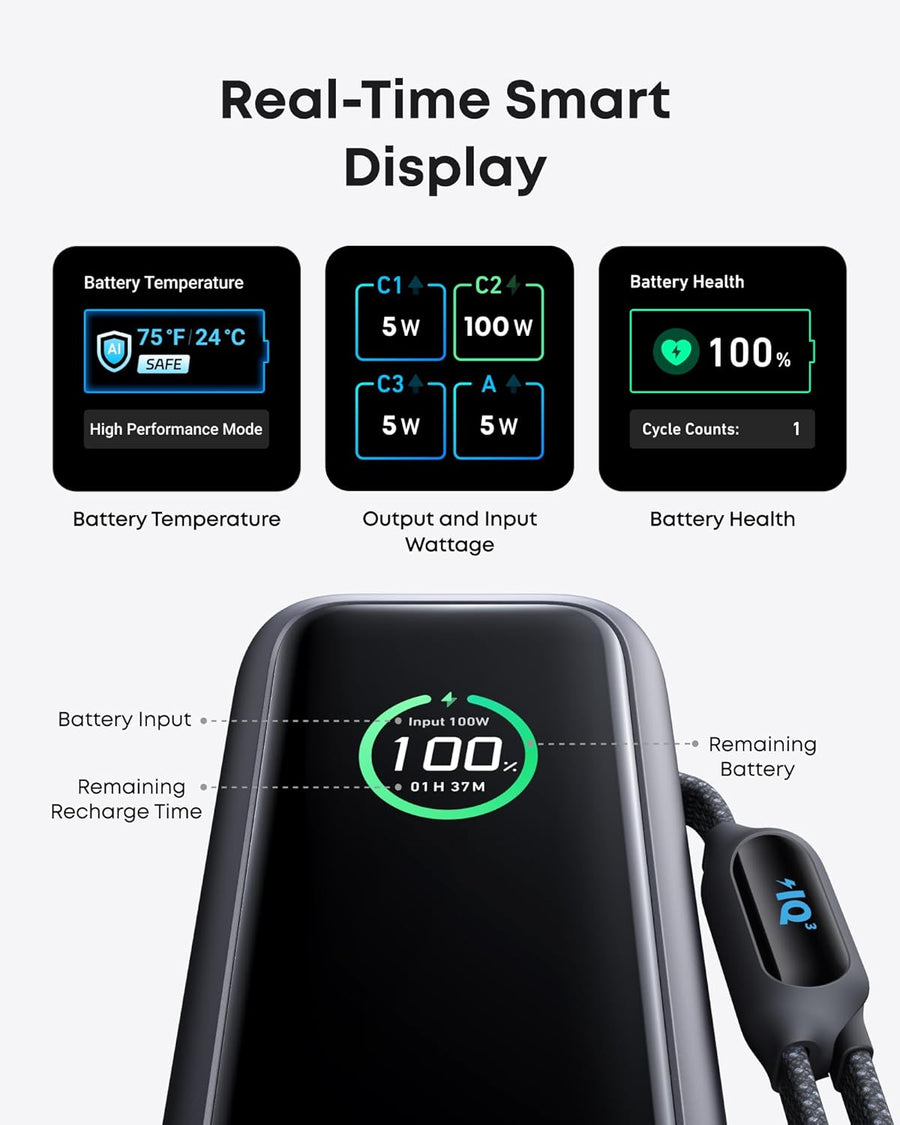 أنكر بنك طاقة للابتوب، 25000mAh شاحن محمول مع ثلاثة منافذ USB-C بقوة 100W، كابلات قابلة للسحب مدمجة، معتمد للسفر، لسلسلة iPhone 17/16 و Samsung والمزيد