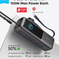 Anker Laptop Power Bank, 25,000mAh Portable Charger with Triple 100W USB-C Ports, Built-in Retractable Cables, Flight-Approved for Travel, iPhone 17/16 Series, Samsung, and More