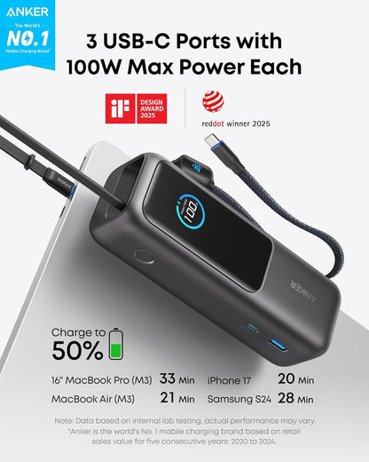 أنكر بنك طاقة للابتوب، 25000mAh شاحن محمول مع ثلاثة منافذ USB-C بقوة 100W، كابلات قابلة للسحب مدمجة، معتمد للسفر، لسلسلة iPhone 17/16 و Samsung والمزيد