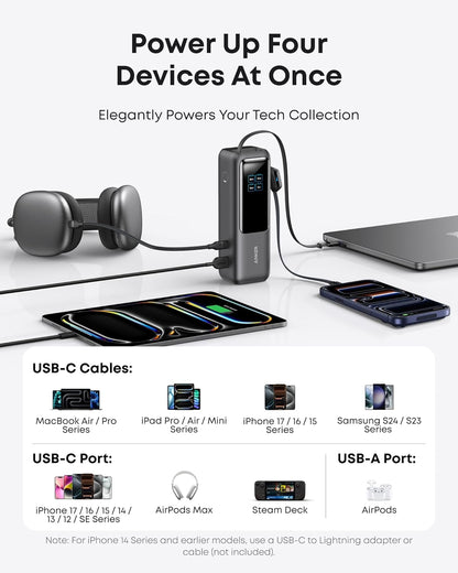 أنكر بنك طاقة للابتوب، 25000mAh شاحن محمول مع ثلاثة منافذ USB-C بقوة 100W، كابلات قابلة للسحب مدمجة، معتمد للسفر، لسلسلة iPhone 17/16 و Samsung والمزيد
