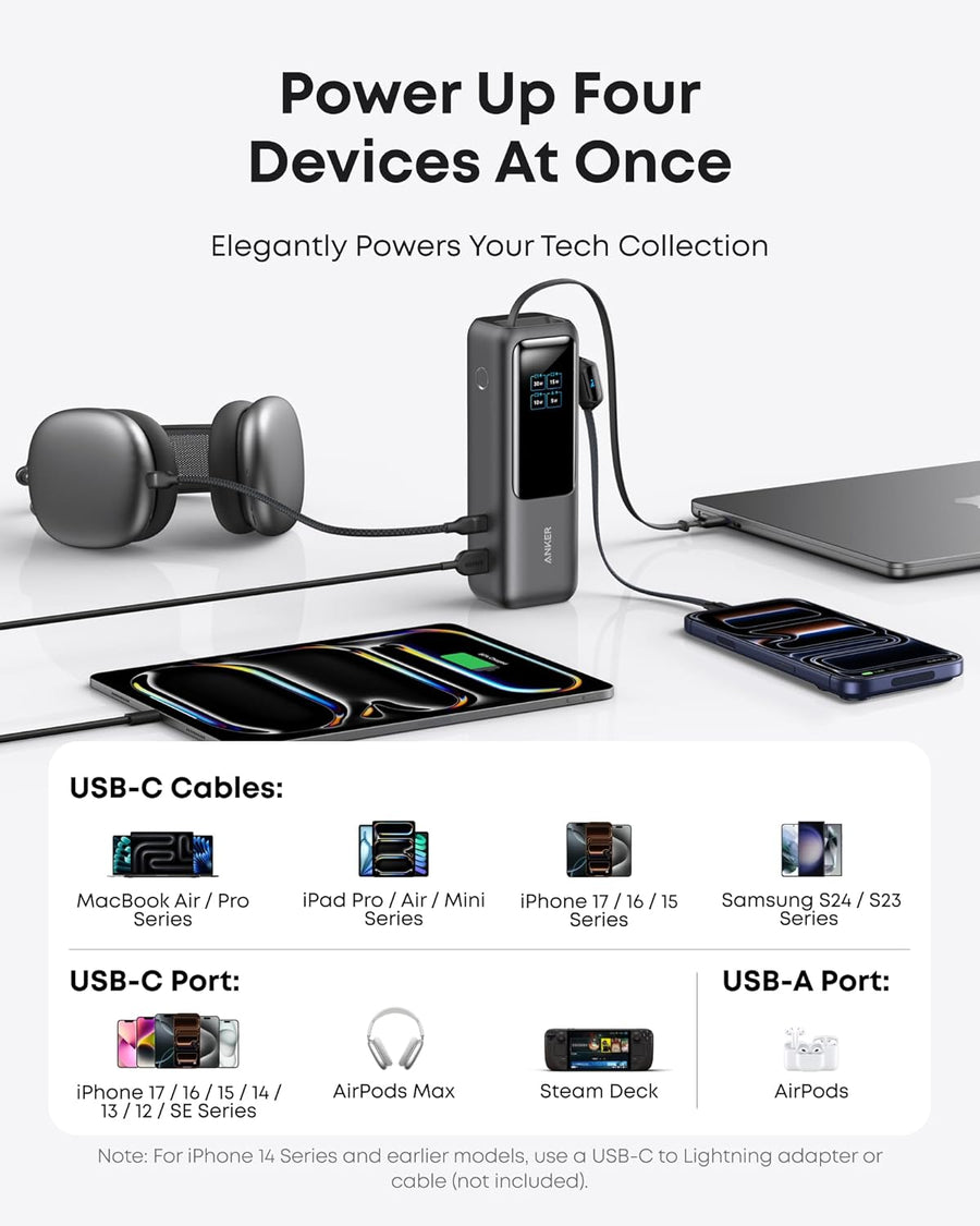 أنكر بنك طاقة للابتوب، 25000mAh شاحن محمول مع ثلاثة منافذ USB-C بقوة 100W، كابلات قابلة للسحب مدمجة، معتمد للسفر، لسلسلة iPhone 17/16 و Samsung والمزيد