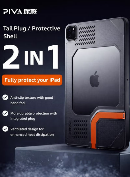 PIVA Gaming 2-in-1 iPad Protective Case with Tail Plug, 60W Fast Charging, 4K HD Display Support, Anti-Slip Texture, Heat Dissipation Design, for iPad PRO 11 inch 2018-2025