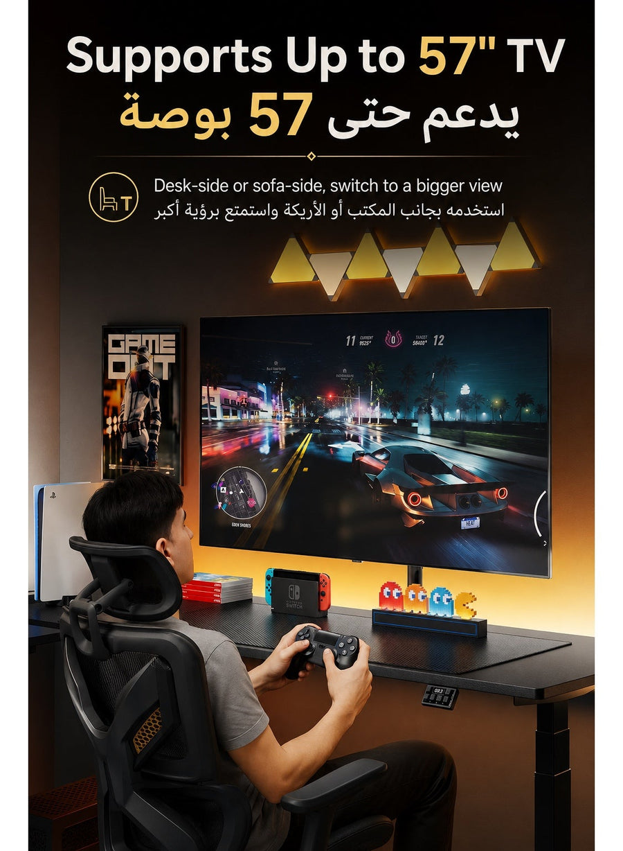 ذراع شاشة قيمنق بريميوم احترافي – حامل شاشة واحد ثقيل للاستخدام المكثّف مكتبي للشاشات من 24 إلى 57 بوصة، يتحمّل حتى 27 كجم، حركة كاملة إمالة ودوران جانبي ودوران الشاشة 180°، توافق VESA 75×75 / 100×100، منظّم أسلاك مدمج، مشبك C وقاعدة جروميت
