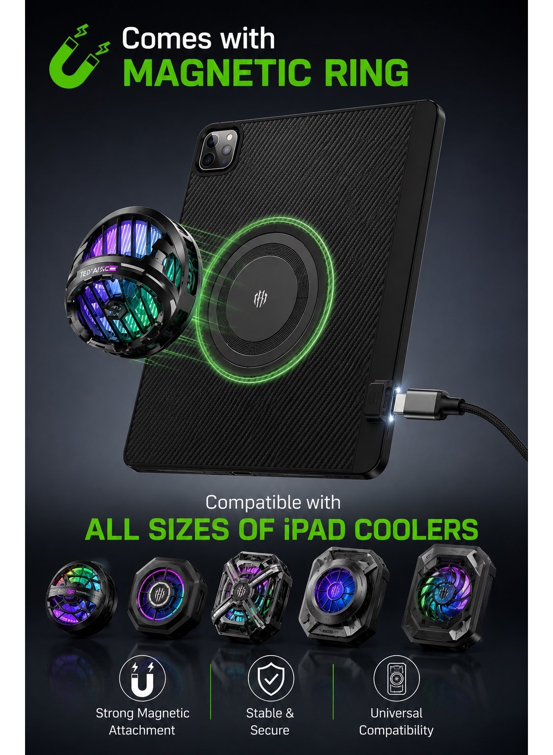PIVA Gaming 3-in-1 iPad Protective Case with FPC Tail Plug, Built-In Magnetic Ri