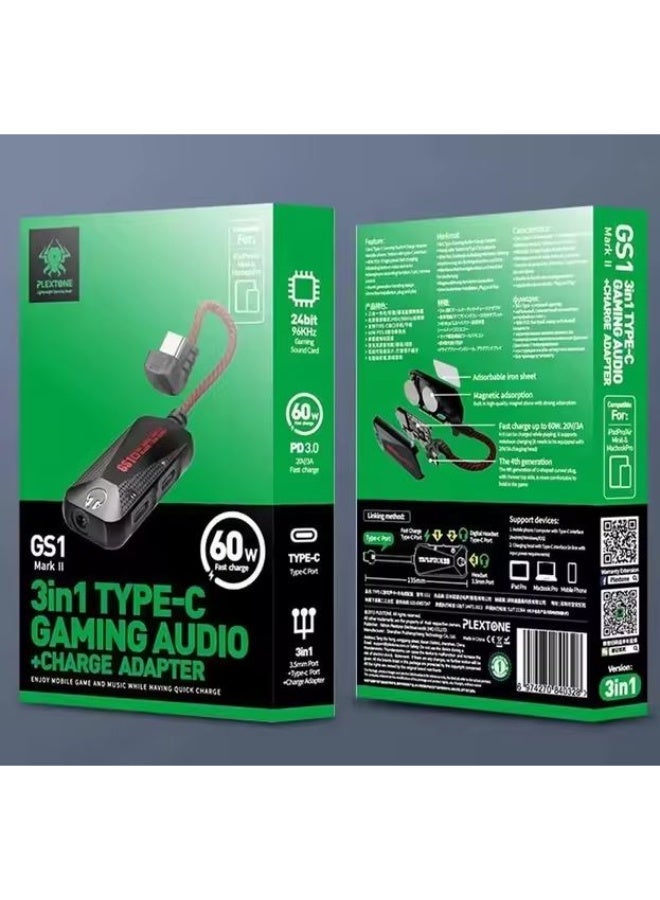 GS1 Type-C 3-in-1 Gaming Audio Adapter, 60W PD Fast Charging + 3.5mm Hi-Res Sound Card, Type-C to Aux Converter with Mic Support, Magnetic Design for Android, RedMagic, Black Shark, Xiaomi, Huawei, iPhone 15/16/17 Series, iPad, MacBook, Laptops