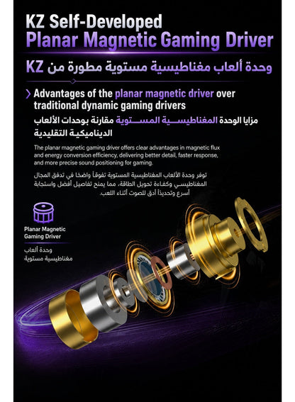 كي زد ديونيك سماعات أذن قيمنق تايب سي، نسخة الباس المحسن مع مفاتيح ضبط الصوت، كرت صوت دي إس بي مدمج و٤ أوضاع للصوت، مايك مزدوج مكون من وحدتين بحجم ٦ مم، درايفر مغناطيسي مستوٍ ثلاثي المغناطيس ودرايفر ديناميكي فائق الخطية بحجم ٨ مم