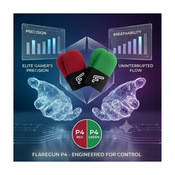 Flaregun P4 Gaming Finger Sleeves, Silver-Fiber Touchscreen Covers, Dual Colour 4-Pack (2× Black + Green and 2× Black + Red) for PUBG Mobile, Call of Duty Mobile, iPad and Tablet Gaming