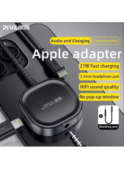 محول PIVA G2 iPhone AUX Lightning – مقبس سماعة رأس 3.5mm مع شحن سريع 21W، صوت واضح HD مع جهير إضافي، بدون تأخير، ميكروفون مدعوم، معتمد MFi – متوافق مع iPhone 8 و X و 11 و 12 و 13 و 14 Pro Max (Lightning + AUX)