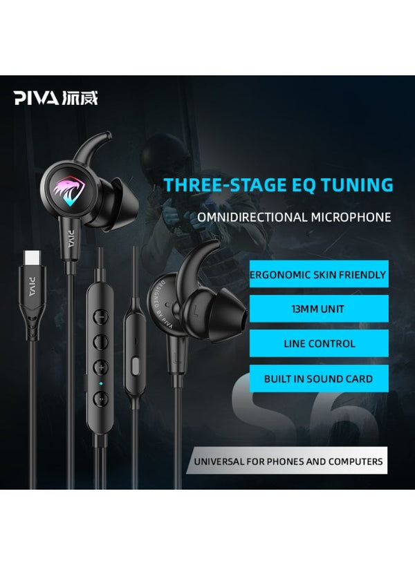 سماعات ألعاب PIVA S6C Falcon من نوع Type-C مع معادل صوت ثلاثي المراحل وإضاءة RGB وبطاقة صوت مدمجة وميكروفون ثنائي الاتجاه عالي الجودة وصوت ستيريو محيطي وتعزيز صوت خطوات محسّن وزمن استجابة منخفض لألعاب PUBG Mobile و FPS - متوافقة مع الهواتف والحواسيب