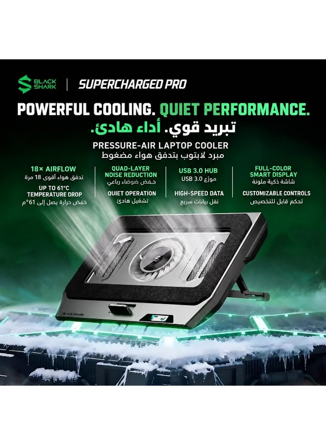 Gaming Laptop Cooler SuperCharged Pro by Black Shark – Laptop Cooling Pad with 4000RPM Turbo Fan, RGB Lighting, Smart Display, USB 3.0 Hub, App Control, Adjustable Stand & Dust Filter for 14–18 Inch Laptops