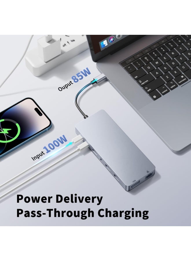 14-in-1 USB C Laptop Docking Station with Dual HDMI, USB-A & C 5Gbps, SD/TF Card Slots, VGA, and Ethernet