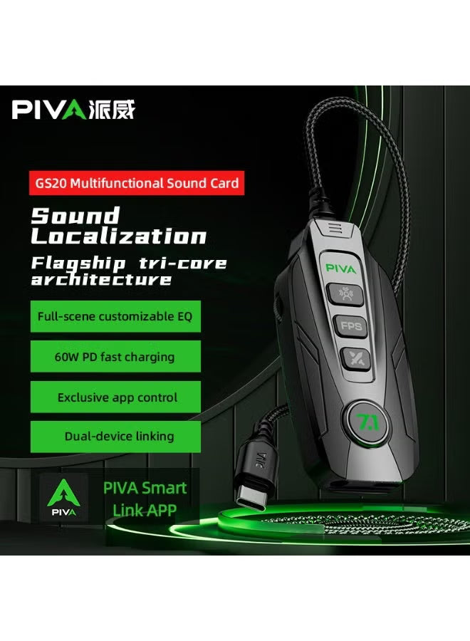 PIVA GS20 Gaming Adapter & Converter Hub Dongle, 7.1 Surround Sound Card with App Control, Type-C USB Hub, 3.5mm Audio, RGB Lighting, 60W Fast Charging, 480Mbps High-Speed Data Transfer – Compatible with RedMagic, iPad, iPhone & Laptops