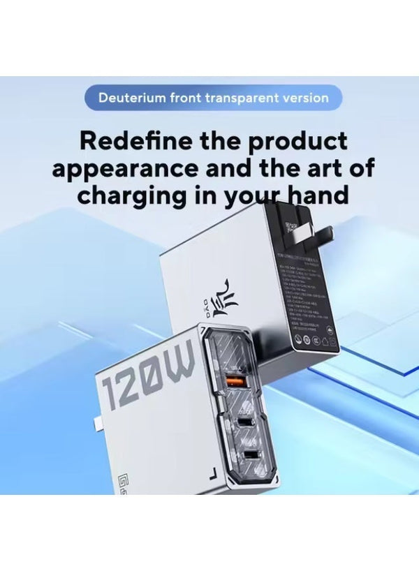 شاحن ريد ماجيك 120 واط GaN للشحن السريع مع تصميم شفاف تقني وثلاثة منافذ USB وType-C، تقنية NeoCharger 3.0 لتوزيع الطاقة الذكي، تصميم مدمج ودبابيس قابلة للطي، متوافق مع ريد ماجيك أسترا ونوفا وآيفون وآيباد وماك بوك واللابتوبات وأجهزة الألعاب