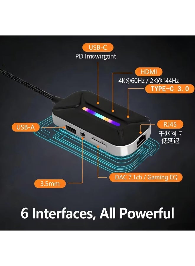 Sarafox XS6 Pro 6 in 1 Gaming Docking Station, USB C Multi-Function Hub with Physical EQ Toggle (FPS Footsteps, Cinematic Movie & Music Modes), 4K HDMI, 1000M Gigabit Ethernet, PD 100W Fast Charge & RGB – Compatible with iPad, RedMagic, PC , Laptops, ROG,