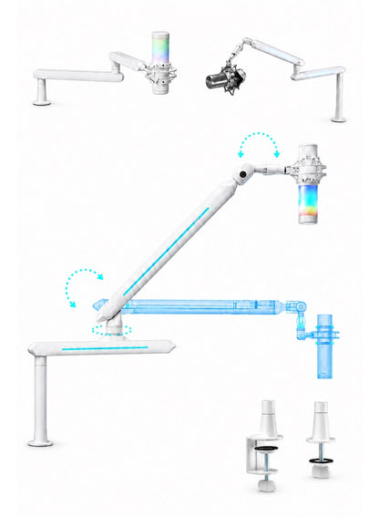 Mic Stand 3 in 1, Convertible Low Profile Arm and Holder for Studio, Streaming, Gaming, Podcasting and Recording by HUMANEX, RGB 3-Section Boom Arm Compatible with FIFINE Mics, RØDE NT1, HyperX QuadCast and Shure SM7B, Clamp and Grommet Mount, White