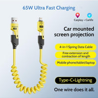 Basemo 4-in-1 Spring Data Cable, 65W USB-C Multi Fast Charging Cable 5FT, Multi 