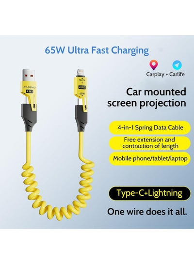 Basemo 4-in-1 Spring Data Cable, 65W USB-C Multi Fast Charging Cable 5FT, Multi USB Charger Cable, Multi Device Charging Type C Charger Cord for Cars, iPhone, MacBook Pro, iPad Pro, Galaxy S24/S23, Cameras