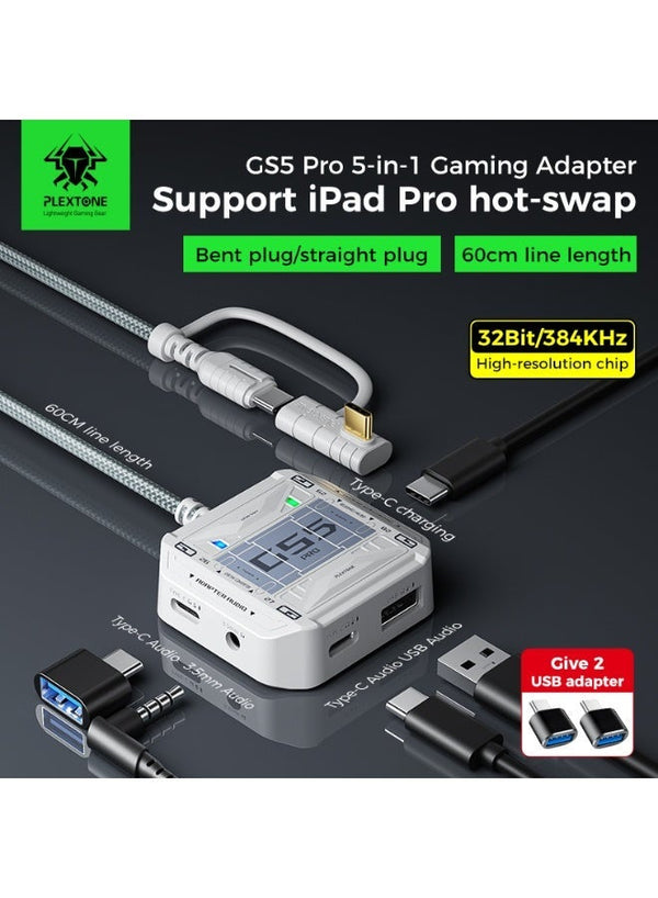 Plextone GS5 Pro Gaming Dongle Adapter & Converter, 5-in-1 USB-C to 3.5mm Audio & USB Hub, PD 60W Fast Charging, Gaming Earphone Sound Adapter – Compatible with RedMagic, iPad, iPhone, Samsung Mobile, Laptops, Mobile Phones & Gaming Devices