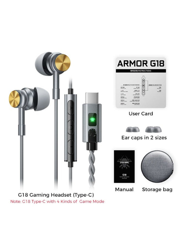 PLEXTONE Armor G18 Type C Gaming Earphones with Built In Digital Sound Card and 4 Gaming Sound Modes, Lightweight In Ear Headset with Microphone for PUBG Mobile, Call of Duty Mobile and Free Fire, Compatible with iPhone, iPad, RedMagic