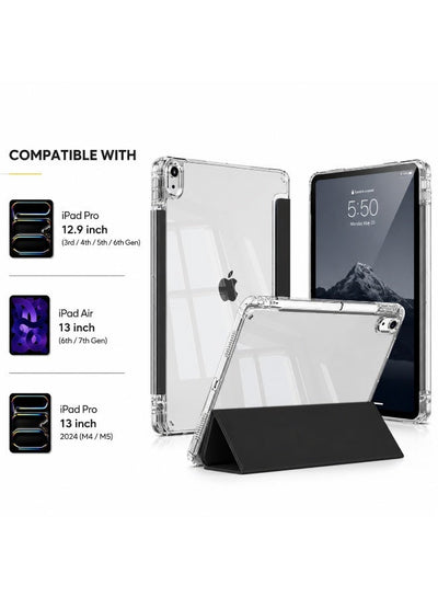 Premium Acrylic Clear Case for iPad Pro 12.9 Inch (3rd/4th/5th/6th Gen) & iPad Air 13 Inch (6th/7th Gen) / iPad Pro 13 Inch 2024 M4 M5 – Anti-Bend Shockproof Smart Folio Stand Cover with Auto Sleep Wake & Pencil Support - Black