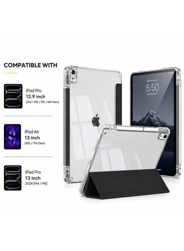 Premium Acrylic Clear Case for iPad Pro 12.9 Inch (3rd/4th/5th/6th Gen) & iPad Air 13 Inch (6th/7th Gen) / iPad Pro 13 Inch 2024 M4 M5 – Anti-Bend Shockproof Smart Folio Stand Cover with Auto Sleep Wake & Pencil Support - Black