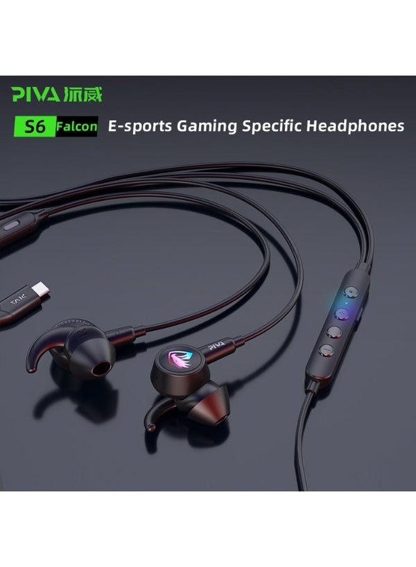 سماعات ألعاب PIVA S6C Falcon من نوع Type-C مع معادل صوت ثلاثي المراحل وإضاءة RGB وبطاقة صوت مدمجة وميكروفون ثنائي الاتجاه عالي الجودة وصوت ستيريو محيطي وتعزيز صوت خطوات محسّن وزمن استجابة منخفض لألعاب PUBG Mobile و FPS - متوافقة مع الهواتف والحواسيب