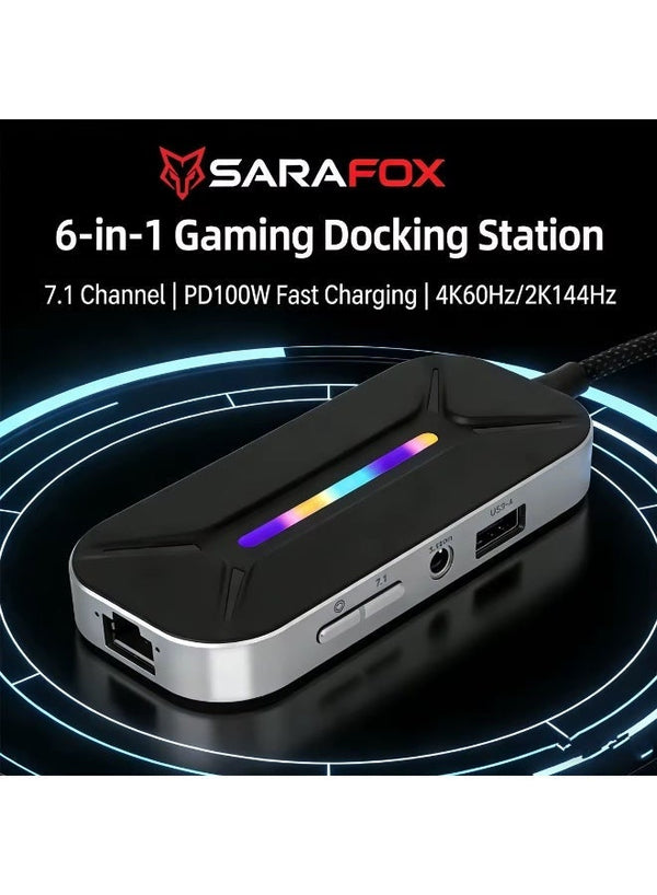 Sarafox XS6 Pro 6 in 1 Gaming Docking Station, USB C Multi-Function Hub with Physical EQ Toggle (FPS Footsteps, Cinematic Movie & Music Modes), 4K HDMI, 1000M Gigabit Ethernet, PD 100W Fast Charge & RGB – Compatible with iPad, RedMagic, PC , Laptops, ROG,