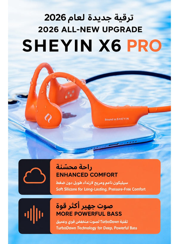 SHEYIN X6 Pro Bone Conduction Swimming Headphones, IPX8 Waterproof Open Ear Bluetooth 5.4 Sports Headset with 32GB Built In MP3 Player and Up to 10 Hour Battery for Swimming, Running, Cycling and Gym, Coral
