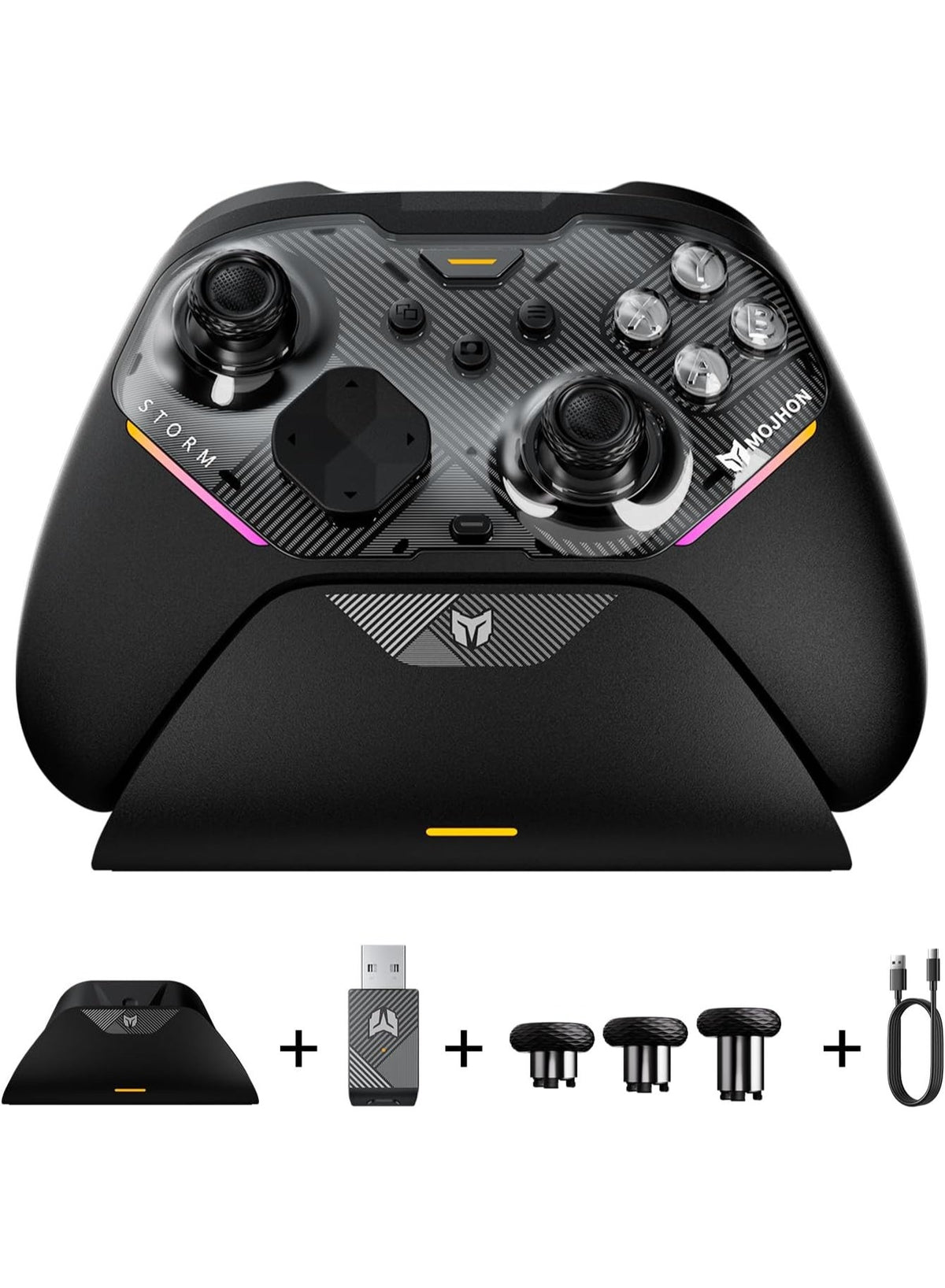 Wireless Gaming Controller MOJHON Storm 2 TMR Edition, 2000Hz PC & Switch Gamepad with 4096-Level TMR Joysticks, Hall + Micro Switch Triggers, 16 Mechanical Buttons, 4 Programmable Back Buttons, RGB & Charging Dock for PC, Switch, iOS & Android