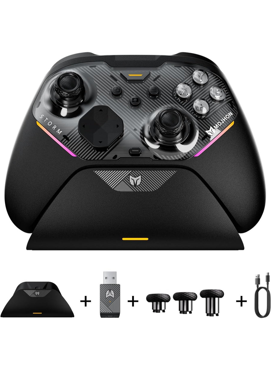 Wireless Gaming Controller MOJHON Storm 2 TMR Edition, 2000Hz PC & Switch Gamepad with 4096-Level TMR Joysticks, Hall + Micro Switch Triggers, 16 Mechanical Buttons, 4 Programmable Back Buttons, RGB & Charging Dock for PC, Switch, iOS & Android