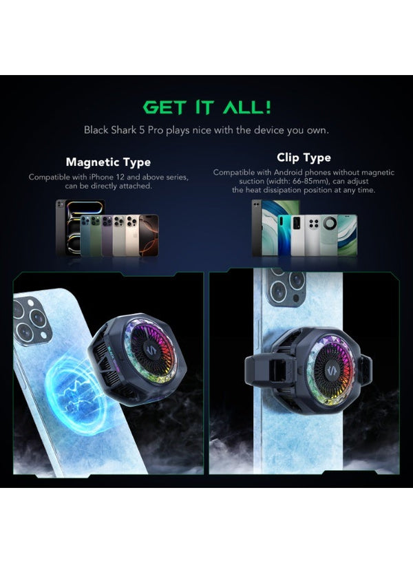 Black Shark FunCooler 5 Pro Phone Cooler – 35W Ultra Power TEC, 45°C Temperature Drop, Diamond Design, 18 Customizable RGB Lights, Holder Interface for Streaming – Black + 1× P2 Flaregun Sleeves