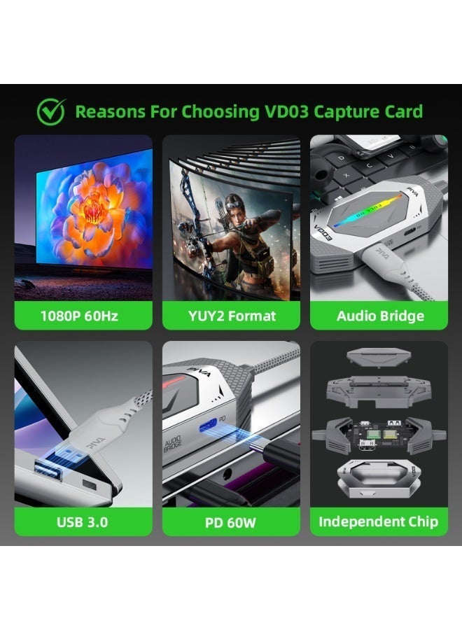 PIVA VD03 1080P 60Hz Video Capture Card USB3.0 Game Docking Station PD60W Fast C