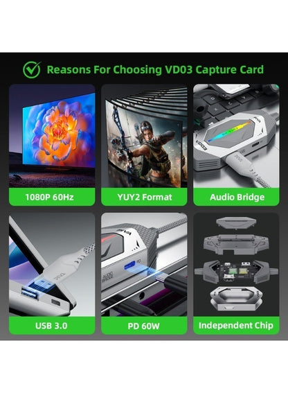 PIVA VD03 1080P 60Hz Video Capture Card USB3.0 Game Docking Station PD60W Fast C