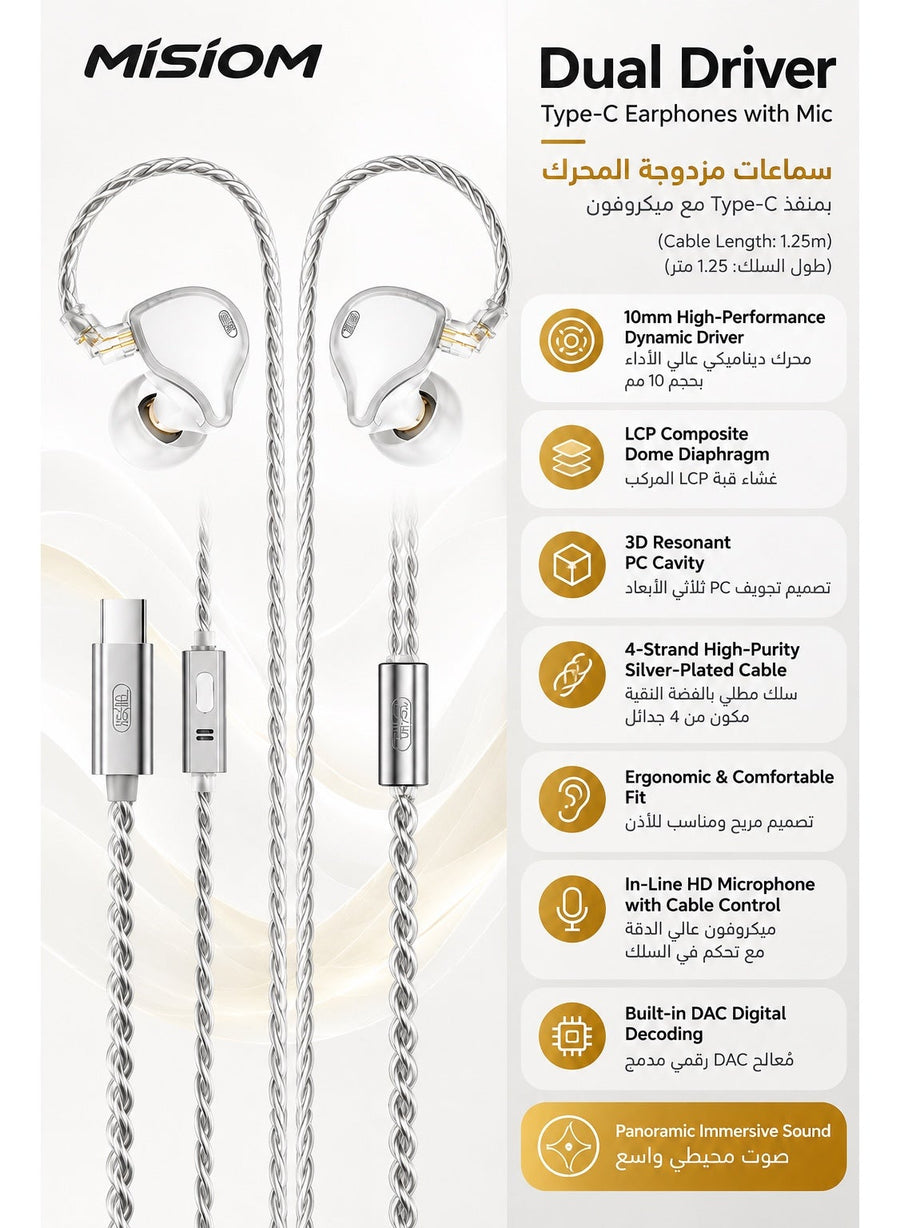 Misiom Gemini Dual Driver Type-C IEM Earphones with Microphone & Built-in DAC, 10mm Dynamic Driver, LCP Diaphragm, Silver-Plated Cable, HiFi USB-C Gaming Headphones for Android, Mobile, Tablet, Laptop, PC & Music