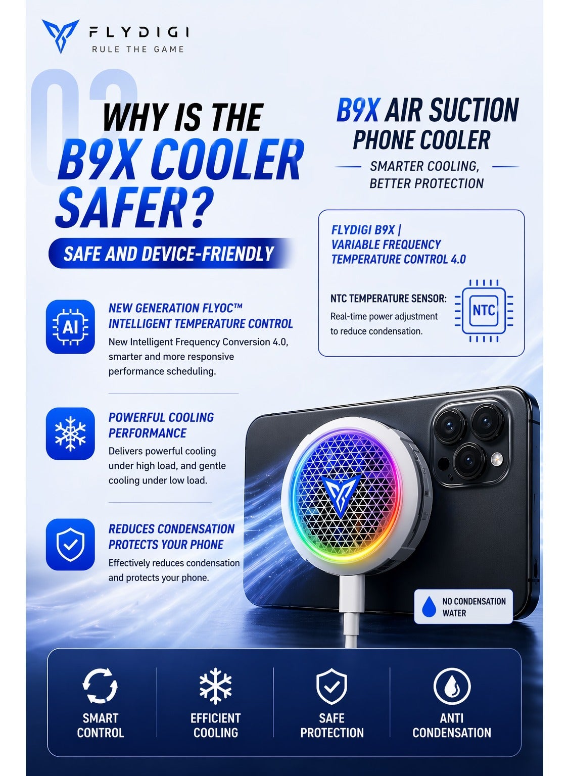 Flydigi B9X Phone & iPad Cooler, 30W (-45°C) RGB Magnetic Cooling Fan with App C