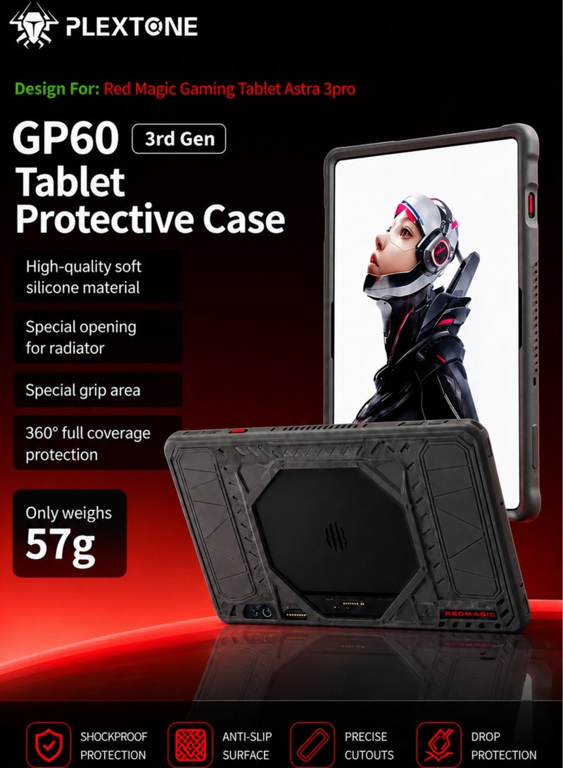 PLEXTONE GP60 3rd Gen Gaming Tablet Case for RedMagic Astra 3 Pro, Professional Silicone Protective Cover with Cooling Radiator Opening, 360° Shockproof Protection, Anti-Slip Surface, Durable Design for Gaming & Heavy Use