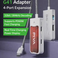 PIVA G41 4-in-1 Gaming Adapter & Converter, Type-C to 3.5mm Audio DAC 32Bit/384Khz & USB 2.0 Data Transfer Hub, PD 60W Fast Charging with Power Display, 480Mbps High-Speed, Compatible with RedMagic, iPad, iPhone, Samsung Mobile, Laptops, Mobile Phones