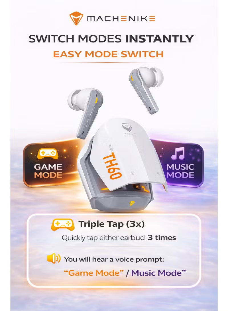 Machenike TH60 Gaming Earbuds TWS Earphones Bluetooth 5.4 – Ultra Low Latency No Delay Wireless Gaming AirPods, Dual Sound Modes (Gaming & Music), ENC Microphone, Immersive Stereo Sound, IPX5 Water Resistant, Long Battery Life with Charging Case, USB-C Fa