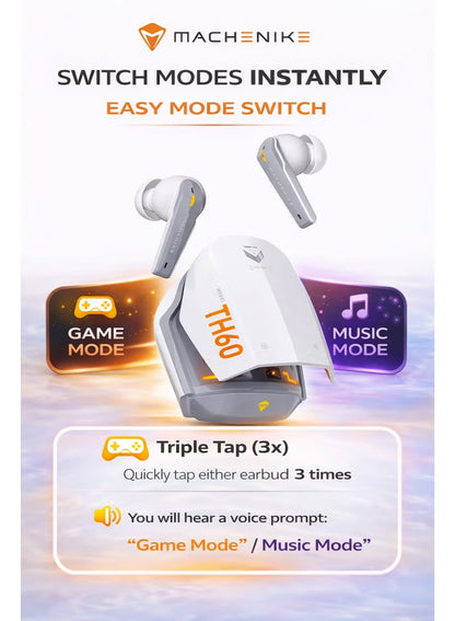 سماعات أذن الألعاب اللاسلكية Machenike TH60 TWS بـ Bluetooth 5.4 – سماعات أذن ألعاب لاسلكية بكمون فائق منخفض بدون تأخير، أوضاع صوت مزدوجة (الألعاب والموسيقى)، ميكروفون ENC، صوت استريو محيطي، مقاوم للماء IPX5، عمر بطارية طويل مع صندوق شحن، شحن سريع USB-C