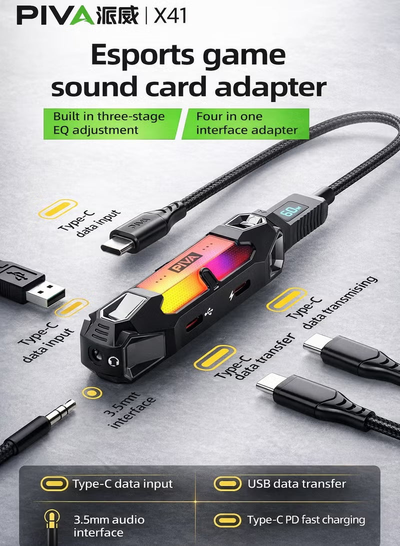 PIVA X41 4-in-1 USB-C Gaming Hub & Docking Station with DAC Sound Card, 60W PD Fast Charging, 3.5mm Audio Jack, USB Data Port, RGB Lighting – Compatible with iPhone, iPad, Android, RedMagic & Laptops