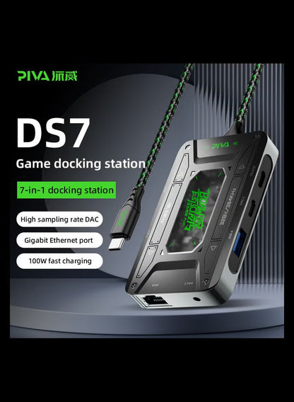 PIVA DS7 7-in-1 USB-C Docking Station & Gaming Hub – 4K@60Hz HDR Video, 100W PD Fast Charging, 32Bit/384KHz Hi-Fi Audio, Gigabit Ethernet, USB 3.1 Data Transfer for Streaming & Recording – Compatible with RedMagic, iPhone, iPad, Android & Laptops